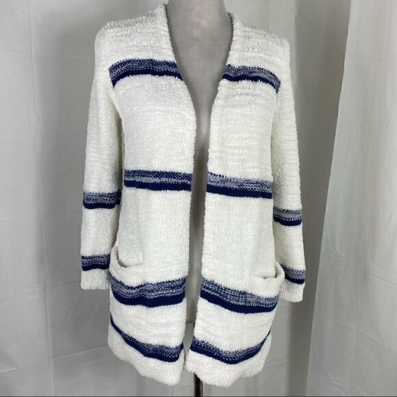Style & Co White/Blue Striped Fleece Cardigan - Picture 2 of 6